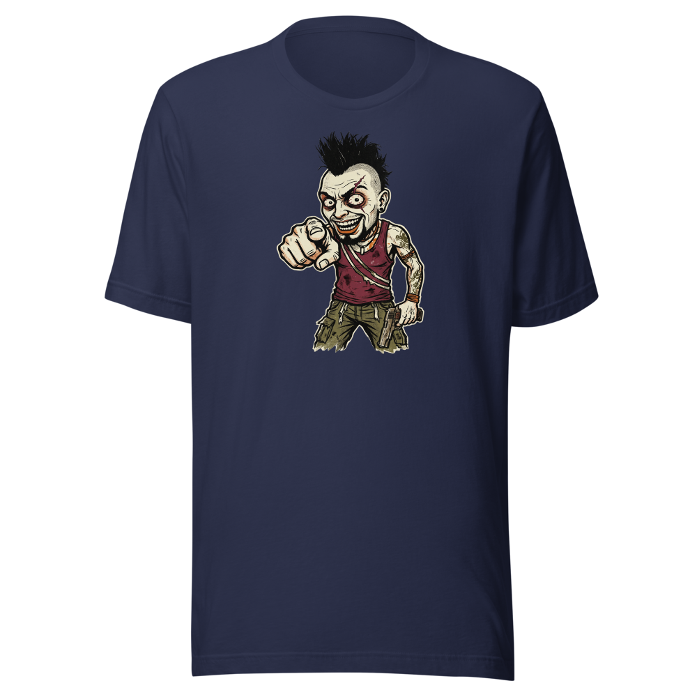 Unhinged Jungle Warlord Punk Caricature Tee — navy front view
