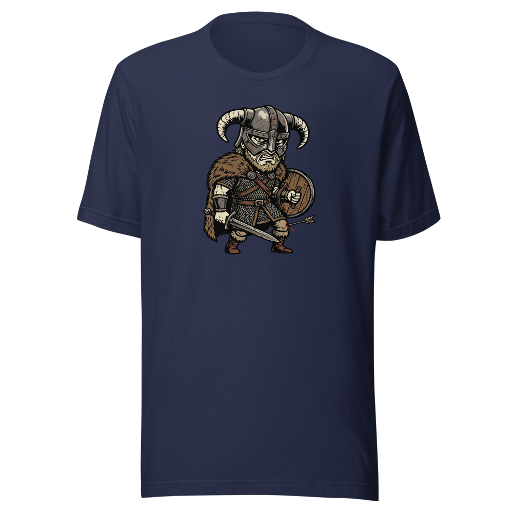Horned Helmet Hero Arrow To The Knee Woodcut Tee — navy front view
