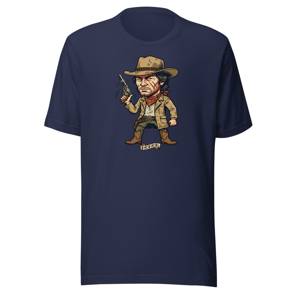 Scarred Outlaw Revolver Spinner Tattoo Flash Tee — navy front view