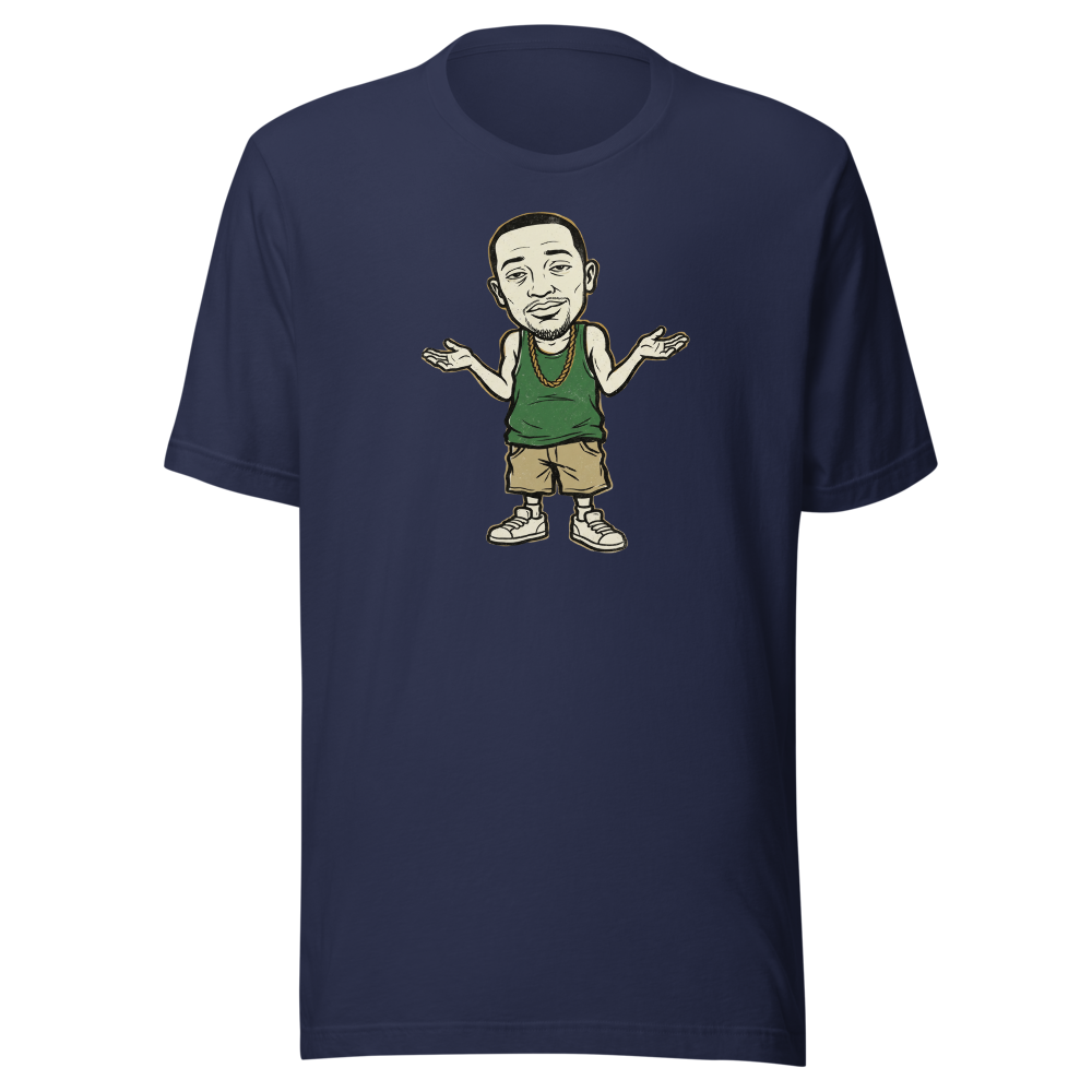 Here We Go Again Open-World Shrug Punk Tee — navy front view