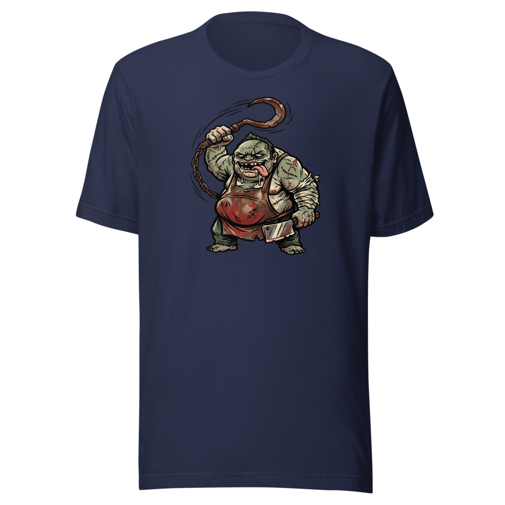 Butcher Hook Pop Art Halftone Gaming Tee — navy front view