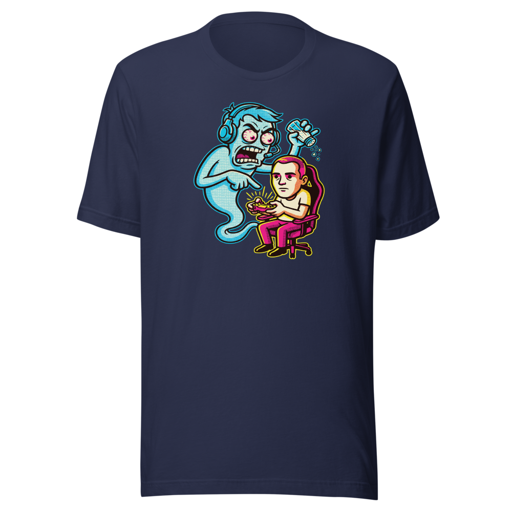 Salty Ghost Backseat Gamer Halftone Pop Art Tee — navy front view