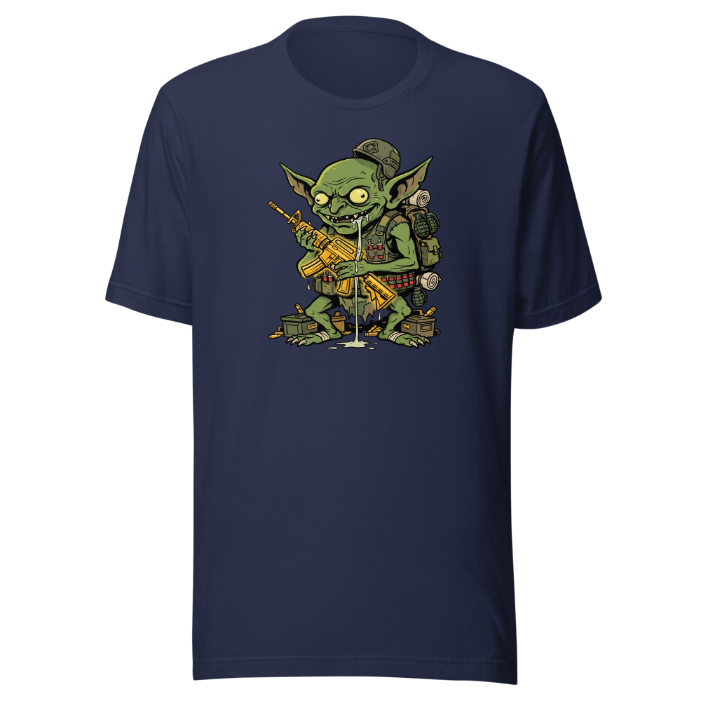 Loot Gremlin Gold Rifle Battle Royale Gamer Tee — navy front view