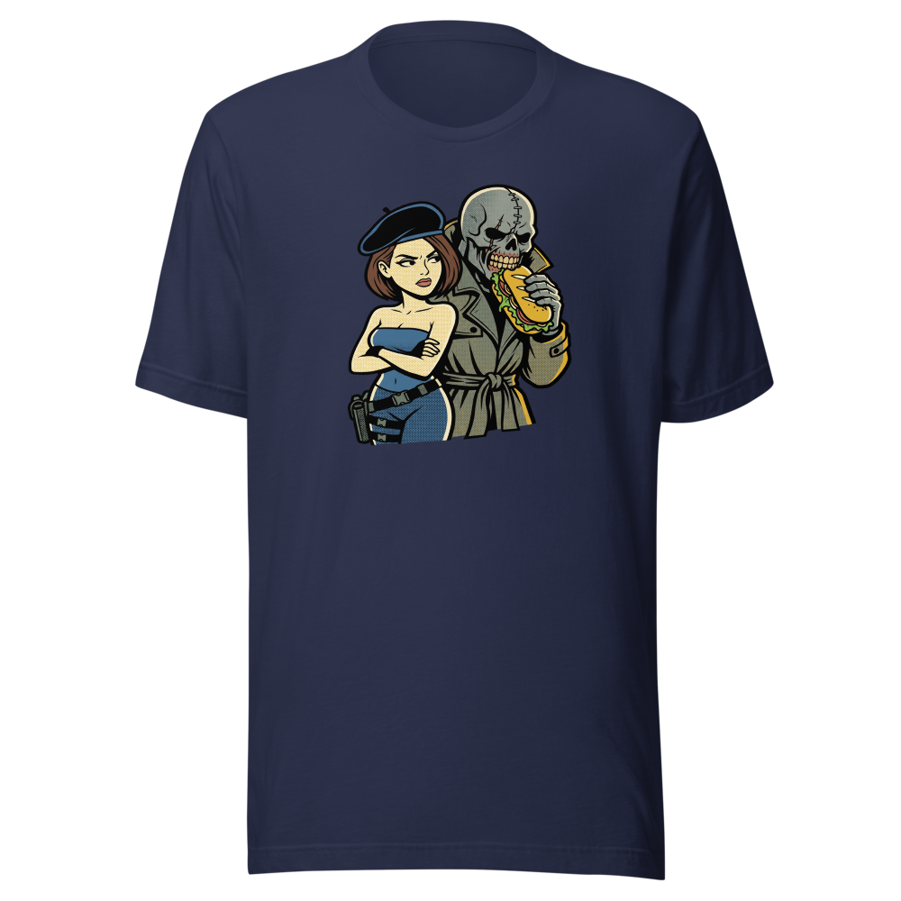 Parisian Beret Survival Horror Sandwich Parody Tee — navy front view