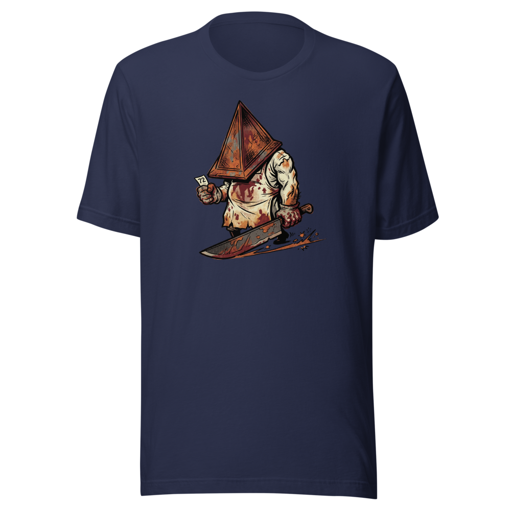 Horror Executioner at the DMV Halftone Parody Tee — navy front view