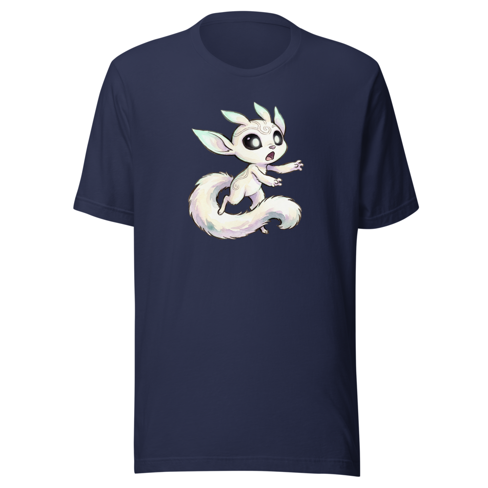 Glowing Forest Sprite Watercolor Caricature Tee — navy front view