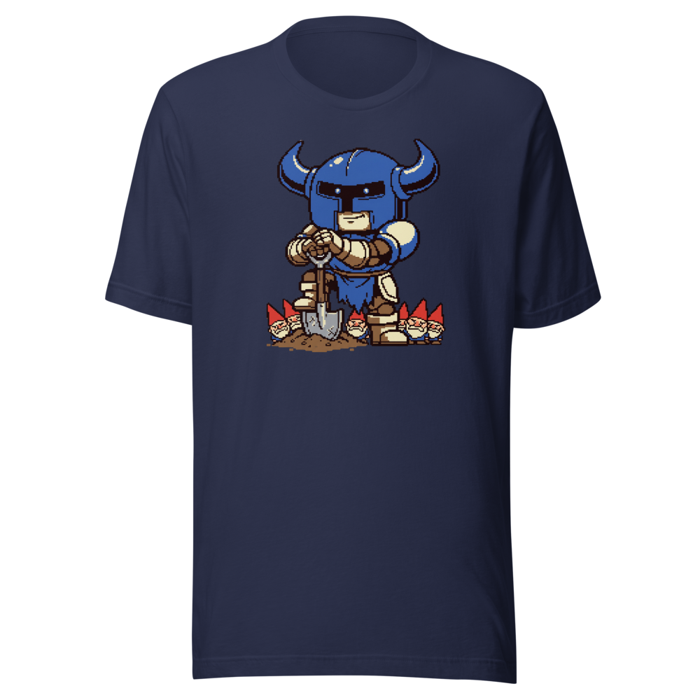 Pixel Knight Gnome Gardener Retro 16-Bit Gaming Tee — navy front view