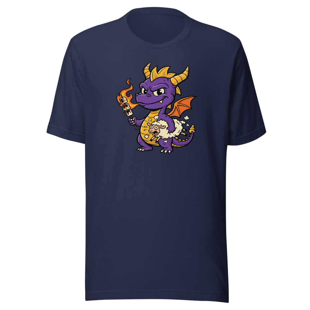 Purple Dragon Marshmallow Roast Retro Gamer Tee — navy front view