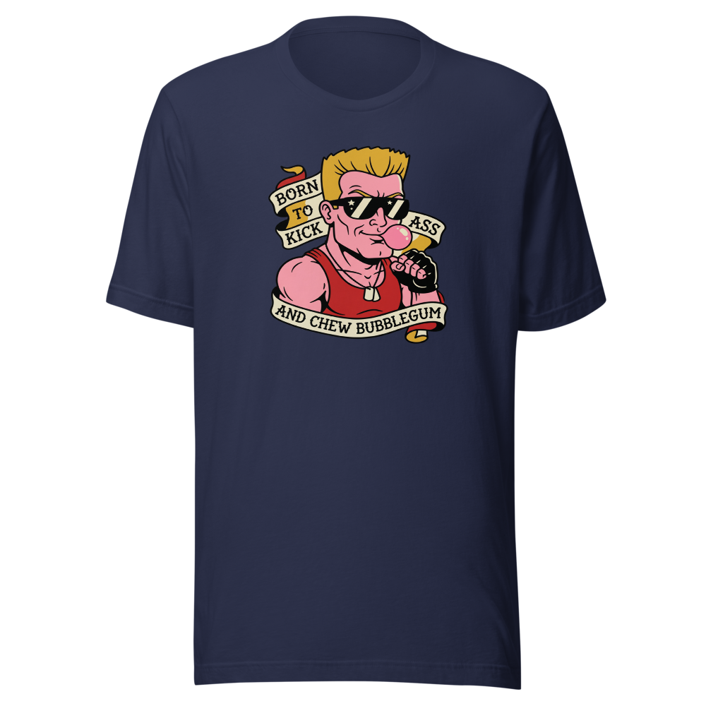 Bubblegum Action Hero Traditional Tattoo Flash Tee — navy front view