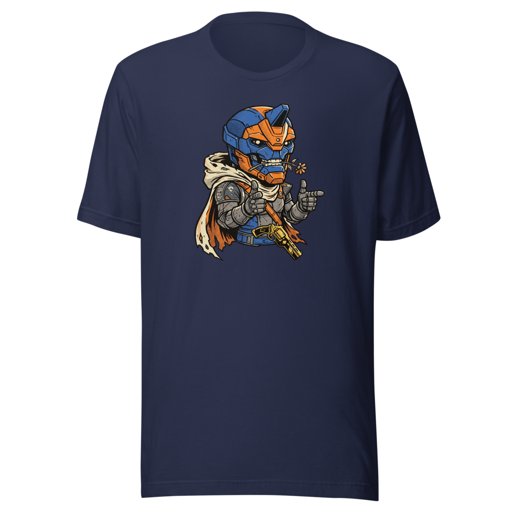 Wisecracking Exo Gunslinger Halftone Pop Art Tee — navy front view