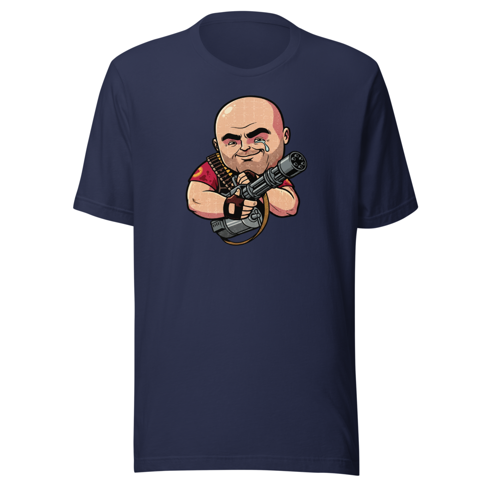 Big Russian Gunner Minigun Hug Pop Art Tee — navy front view
