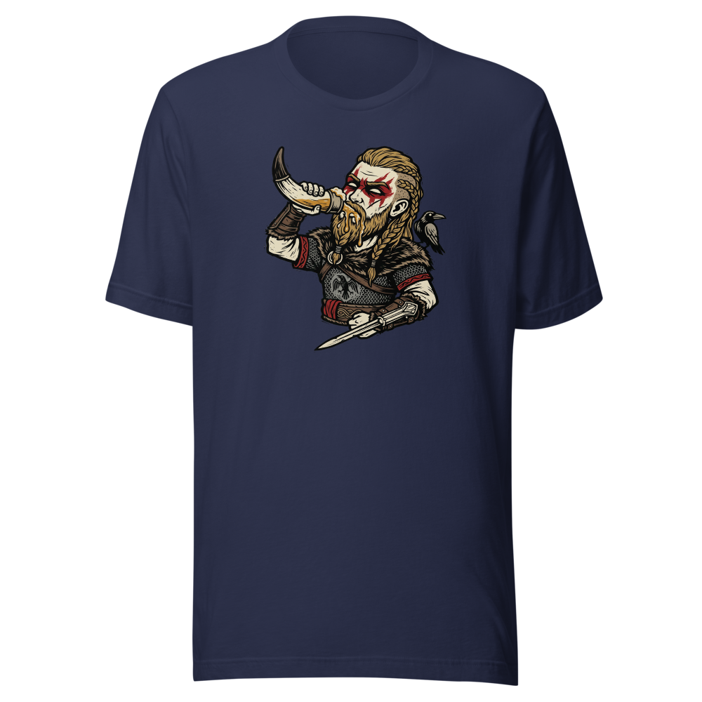 Viking Raider Mead Horn Hidden Blade Woodcut Tee — navy front view