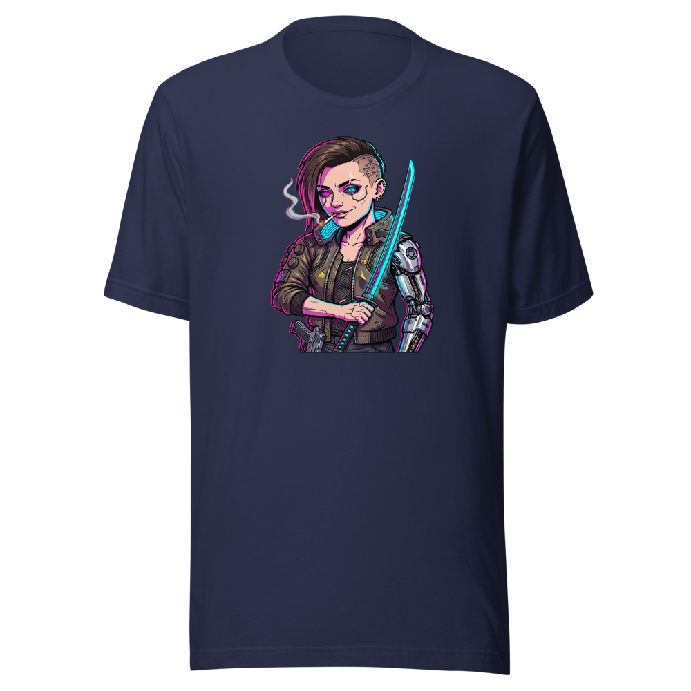Neon Night City Chrome Merc Katana Tee — navy front view