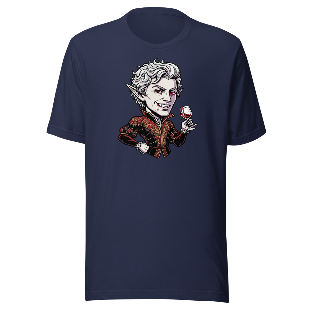 Smug Vampire Elf Rogue Comic Ink Tee — navy front view
