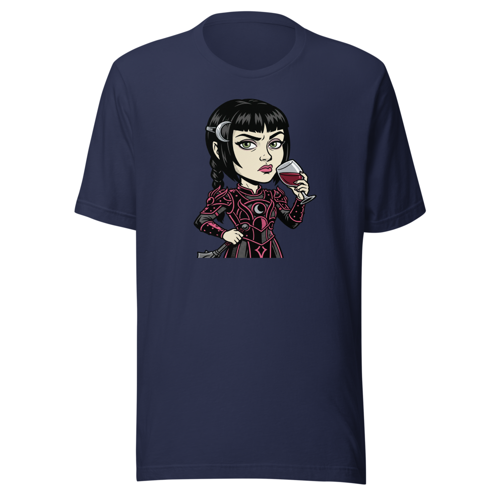 Moody Cleric Wine Judgment Comic Ink RPG Tee — navy front view