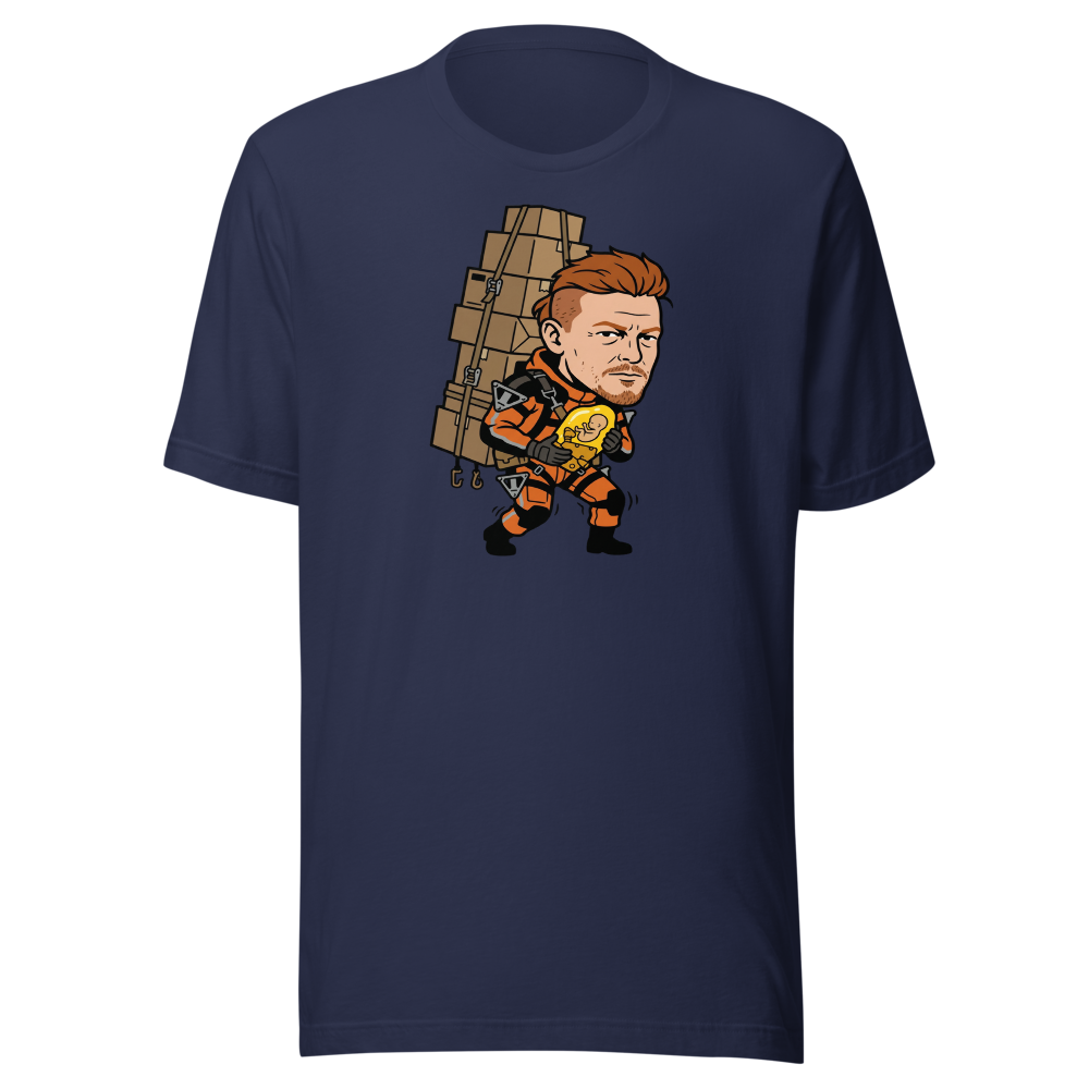 Overworked Courier Parcel Tower Delivery Tee — navy front view