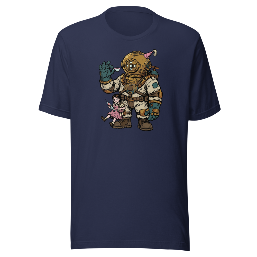 Deep Sea Diver Tea Party Comic Ink Graphic Tee — navy front view