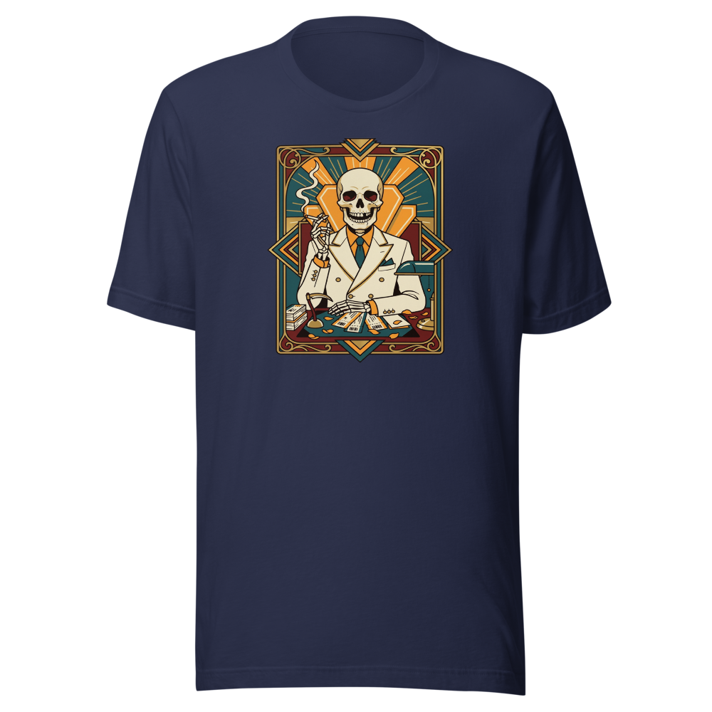 Skeleton Travel Agent Art Deco Noir Tee — navy front view