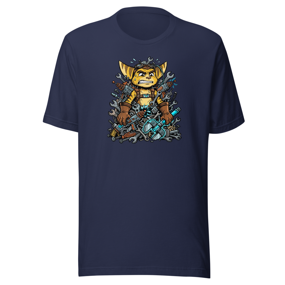 Overwhelmed Space Mechanic Wrench Pile Comic Tee — navy front view