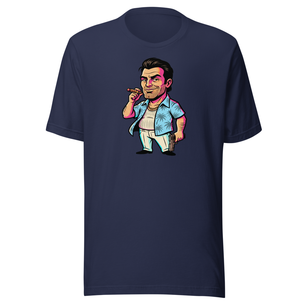 Tropical Mobster Halftone Pop Art Neon Miami Tee — navy front view