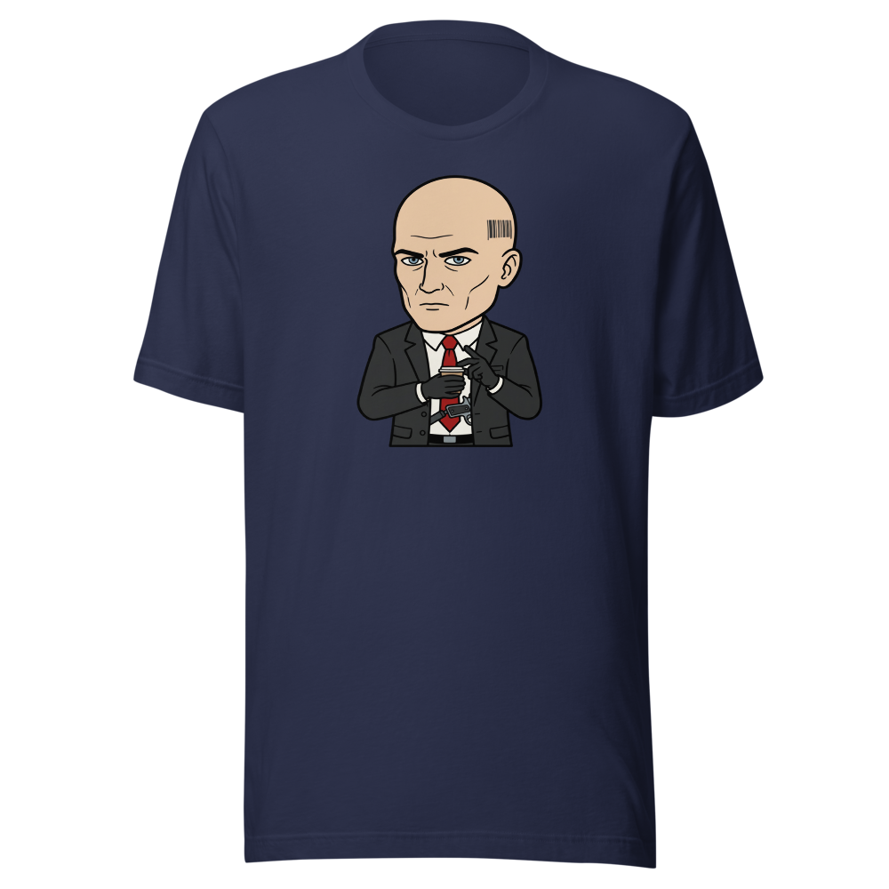 Deadpan Bald Assassin Cappuccino Order Tee — navy front view