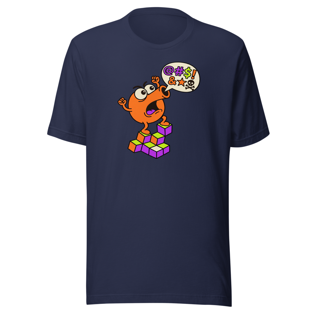 Rage Quit Arcade Gremlin Retro Cube Pyramid Tee — navy front view
