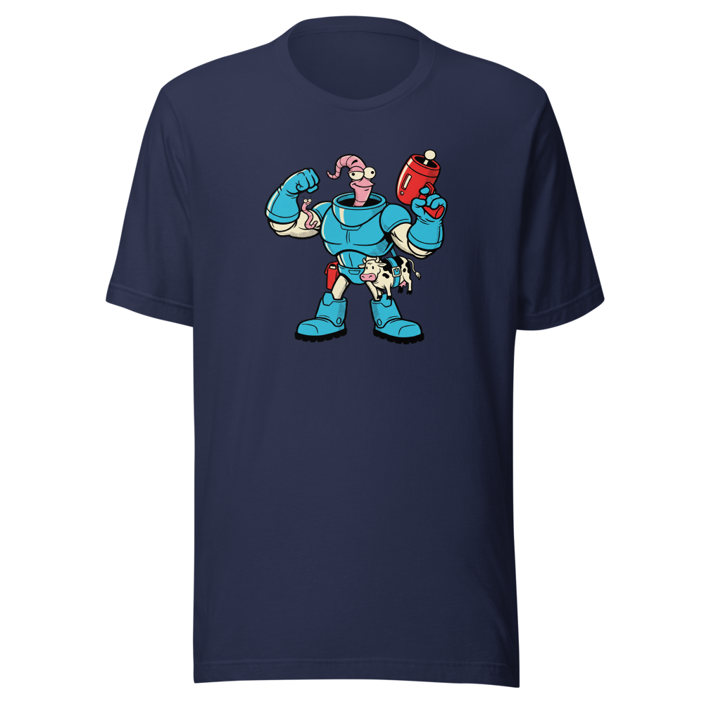 Worm Hero Super Suit Retro Gamer Graphic Tee — navy front view