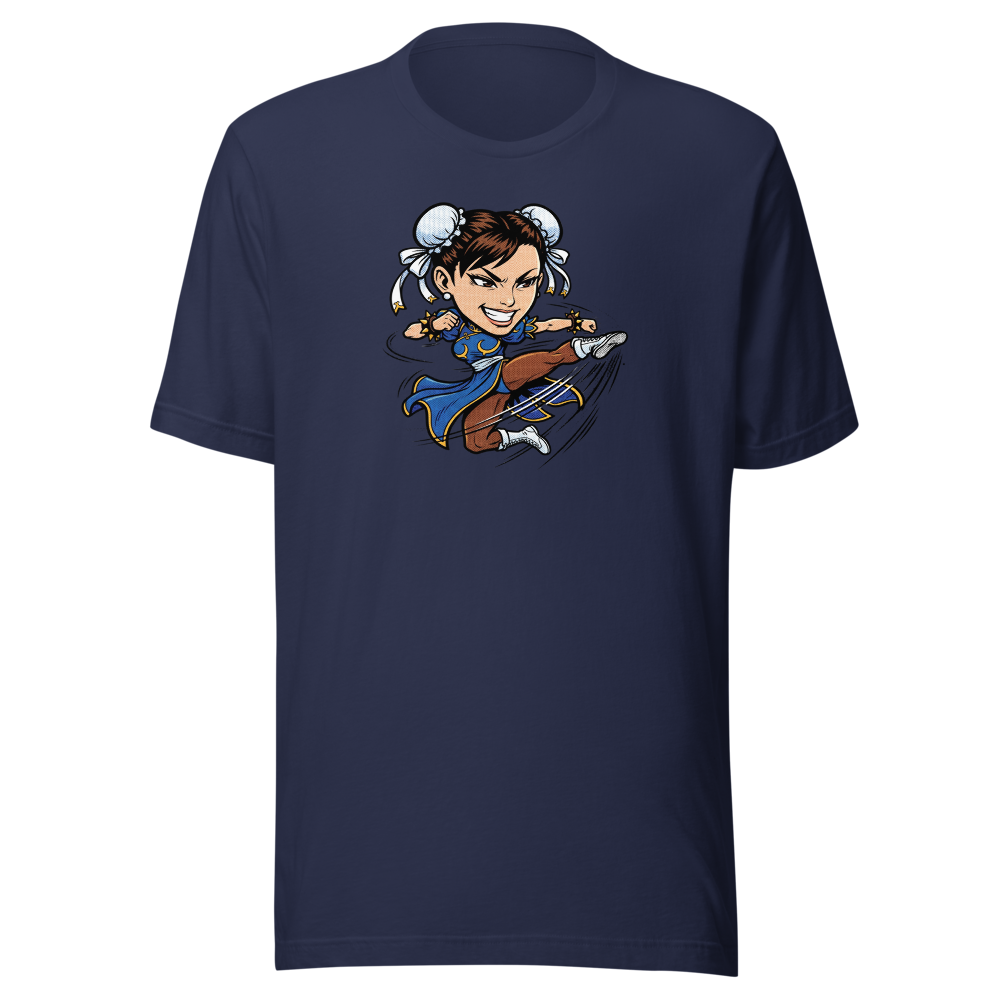 Arcade Fighter Spinning Kick Halftone Pop Art Tee — navy front view