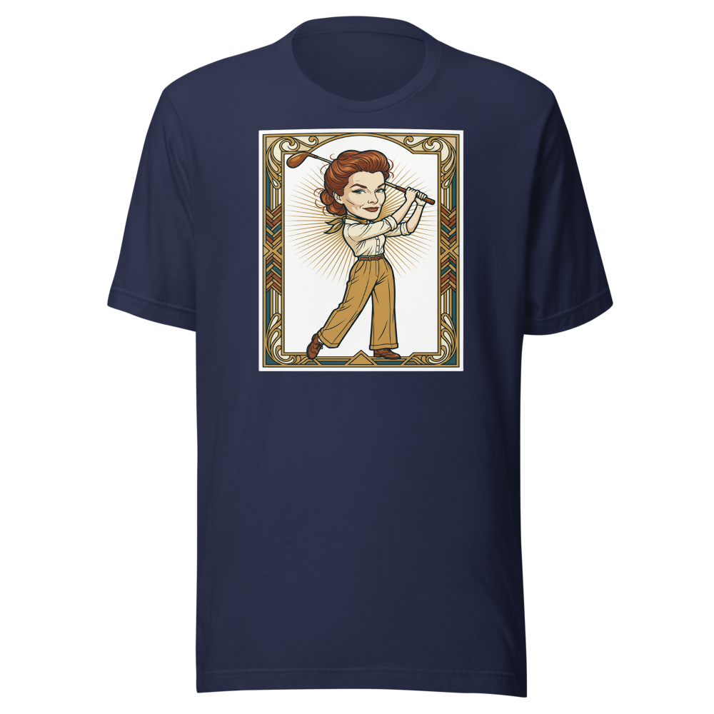 Jazz Age Golf Champion Art Deco Caricature Tee — navy front view