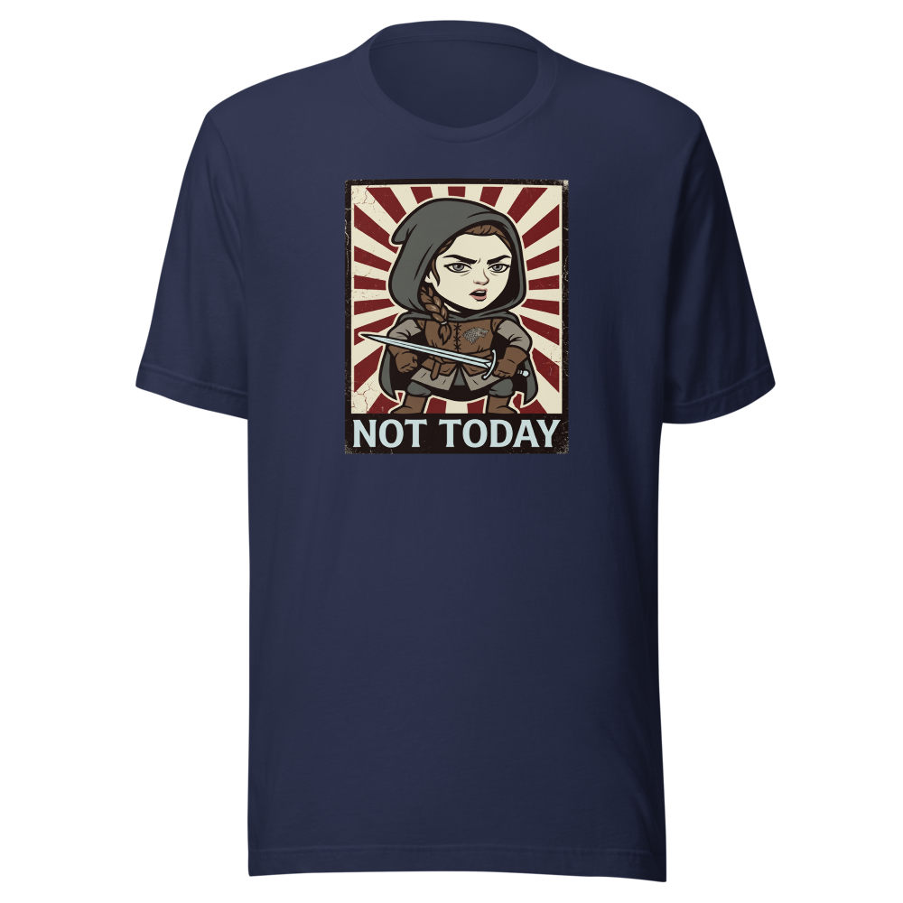 Not Today Hooded Assassin Propaganda Tee — navy front view