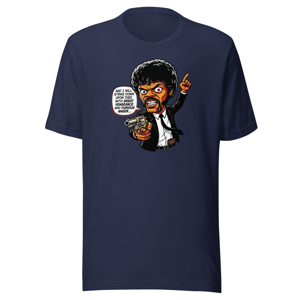 Righteous Hitman Halftone Pop Art Movie Tee — navy front view