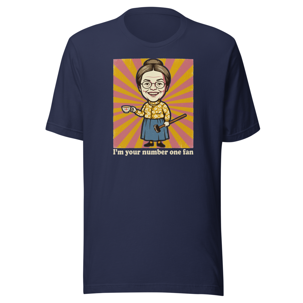 Number One Fan Creepy Housewife Horror Parody Tee — navy front view