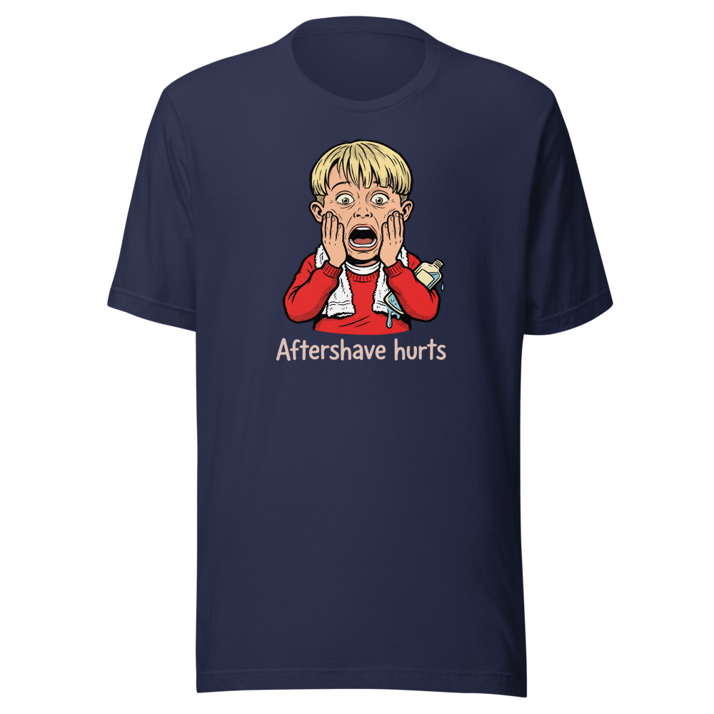Aftershave Hurts Suburban Scream Comedy Tee — navy front view