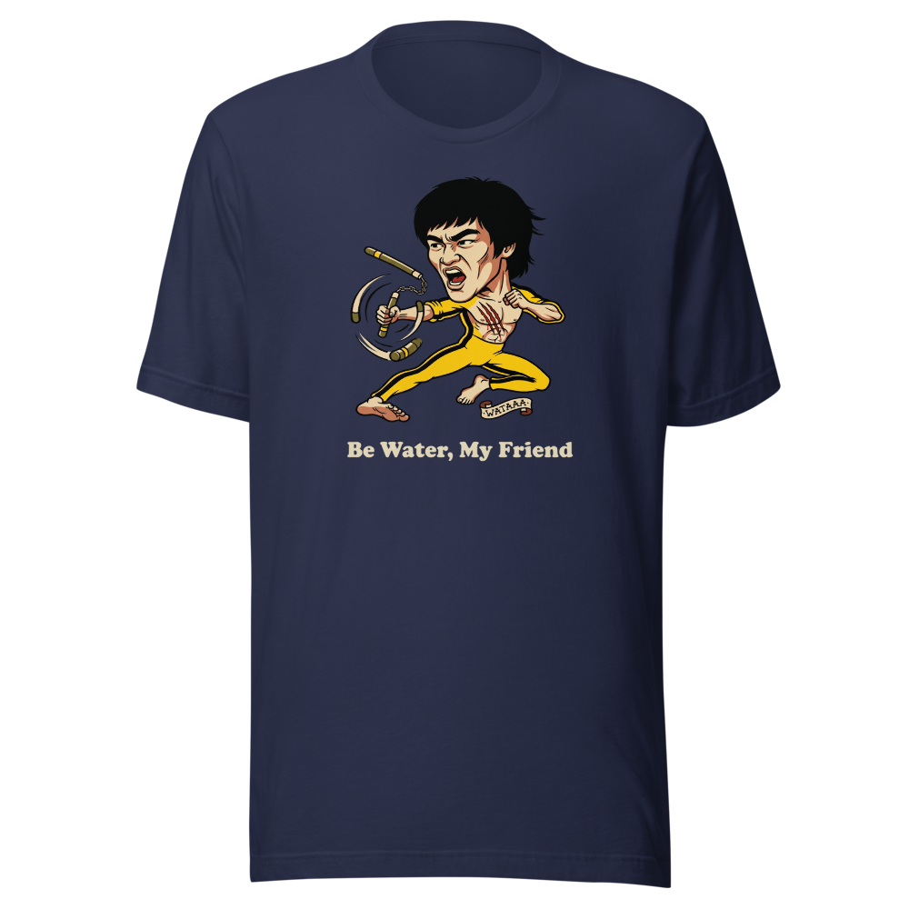 Flying Kick Kung Fu Master Tattoo Flash Tee — navy front view
