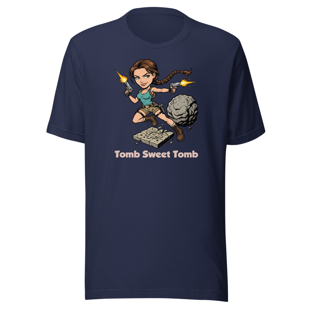 Tomb Sweet Tomb Action Heroine Adventure Tee — navy front view
