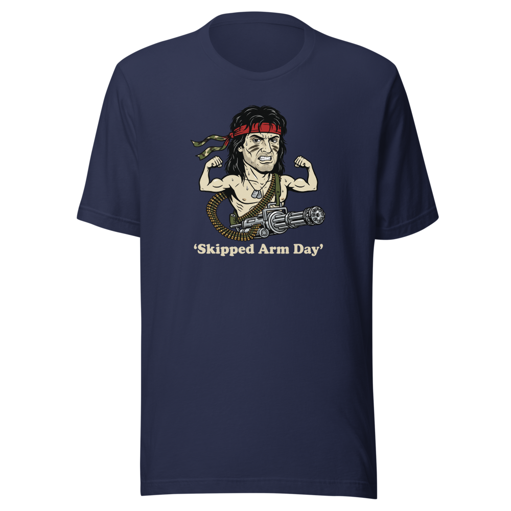 Skipped Arm Day One-Man Army Punk Action Tee — navy front view