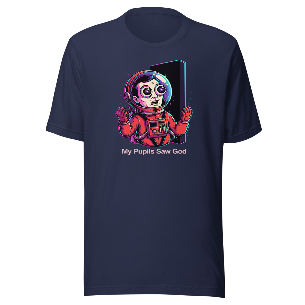 Cosmic Astronaut Monolith Neon Sci-Fi Parody Tee — navy front view