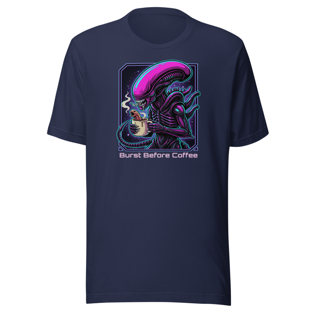 Burst Before Coffee Cyberpunk Alien Horror Tee — navy front view