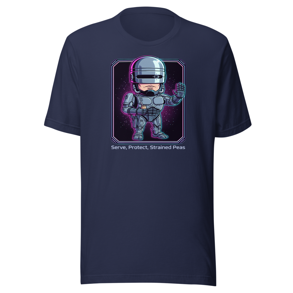 Cyborg Cop Strained Peas Cyberpunk Parody Tee — navy front view