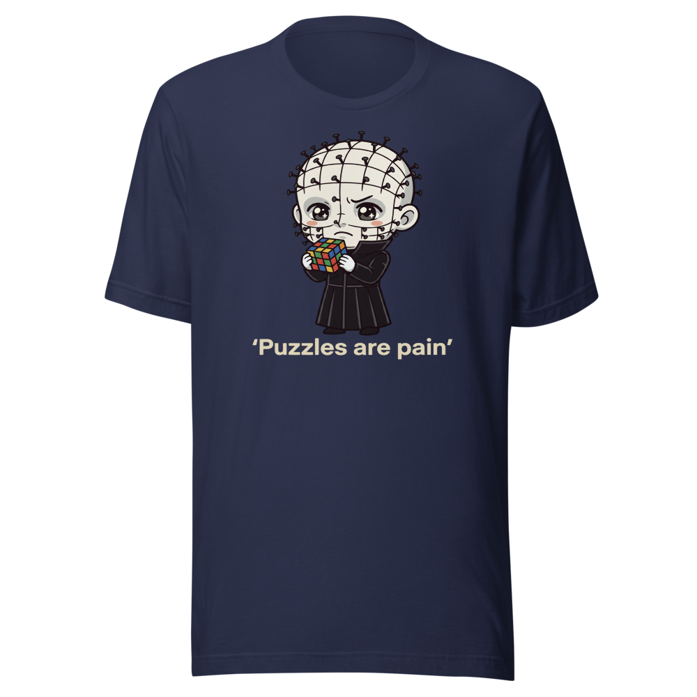 Chibi Puzzle Demon Cute Horror Parody Tee — navy front view