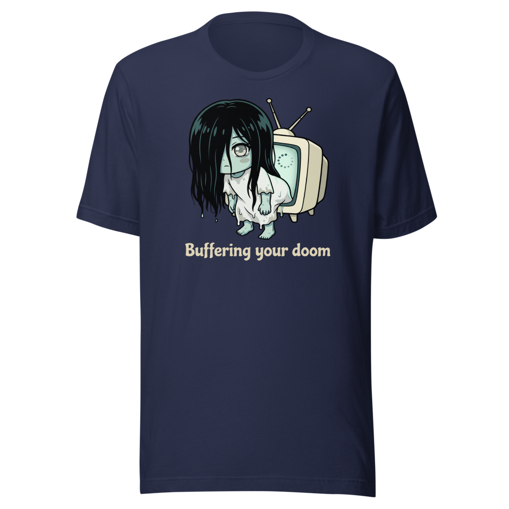 Buffering Your Doom Chibi Kawaii Horror Ghost Tee — navy front view