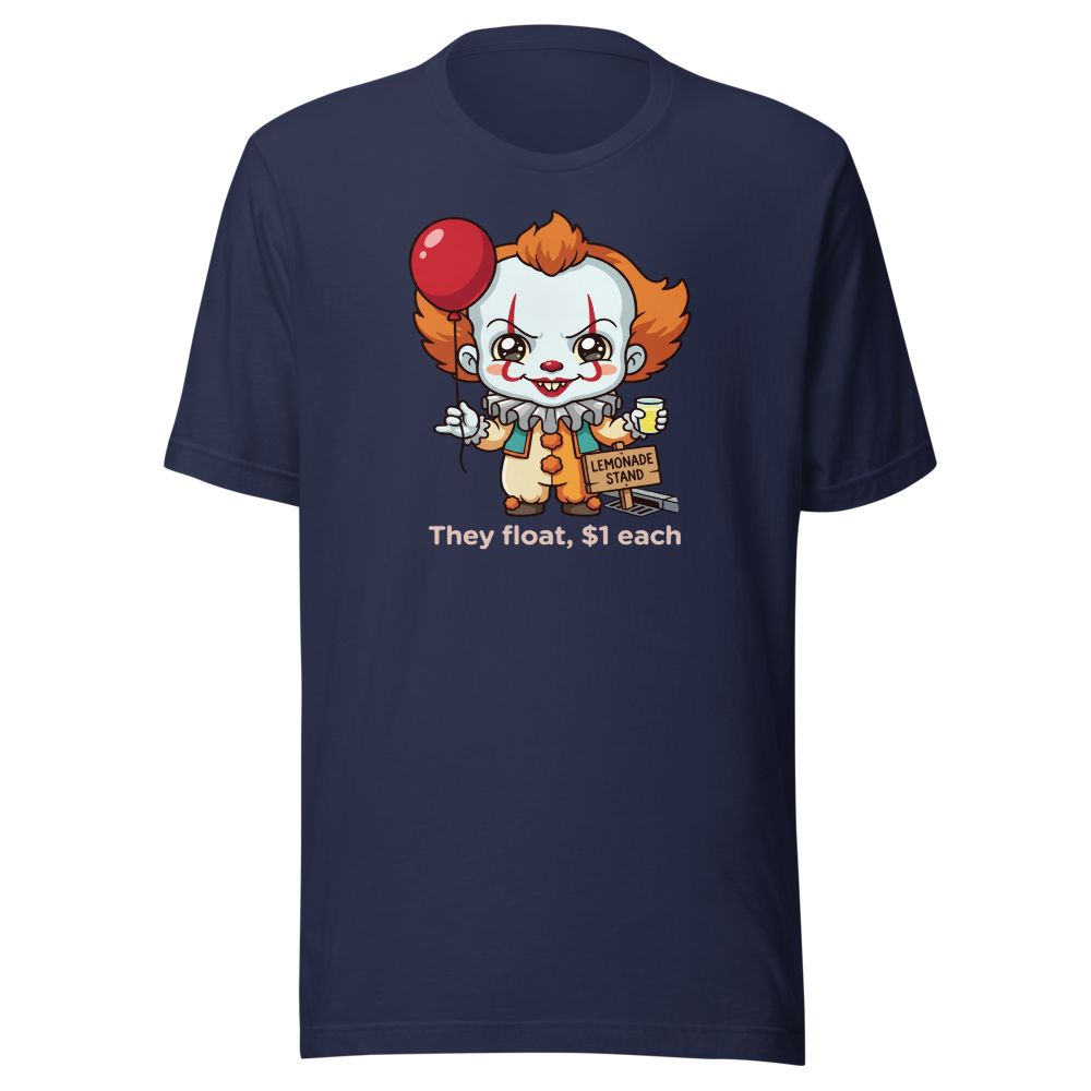 Chibi Creepy Clown Lemonade Stand Horror Parody Tee — navy front view