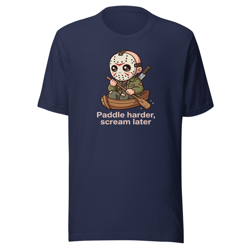 Chibi Slasher Camp Canoe Horror Parody Tee — navy front view