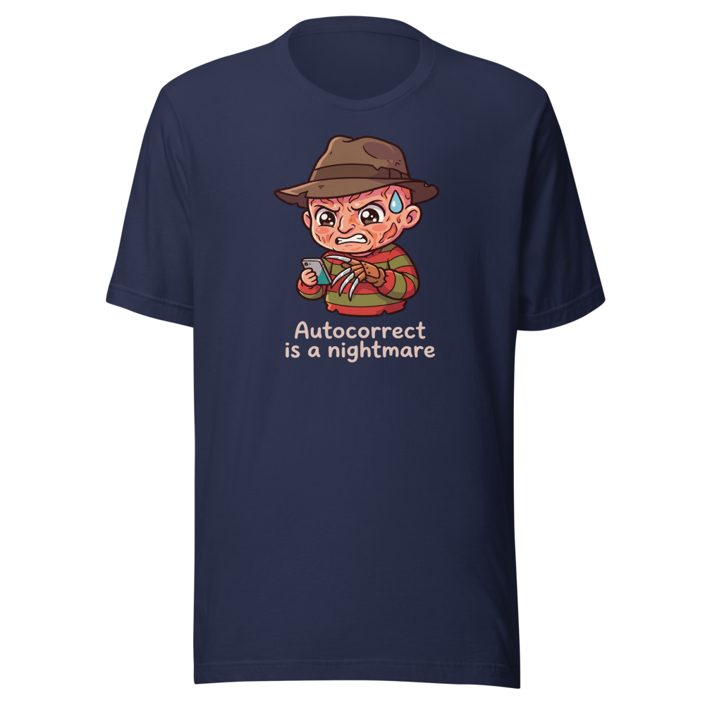 Chibi Slasher Autocorrect Nightmare Horror Parody Tee — navy front view