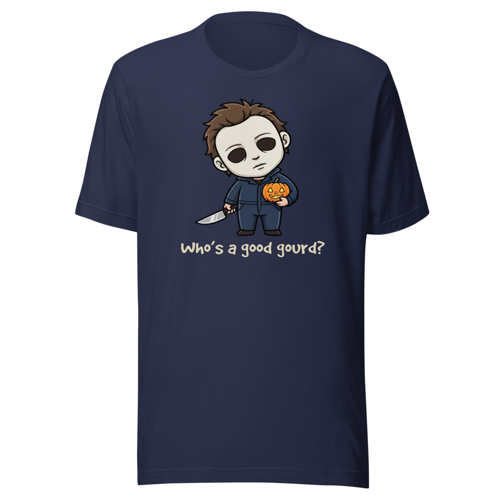 Confused Puppy Slasher Chibi Pumpkin Halloween Tee — navy front view