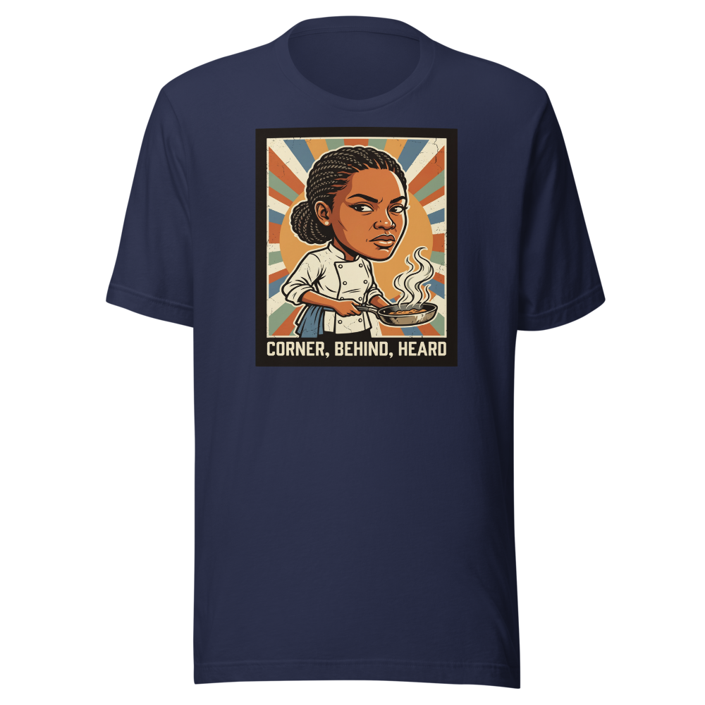 Side-Eye Chef Propaganda Screenprint Kitchen Tee — navy front view