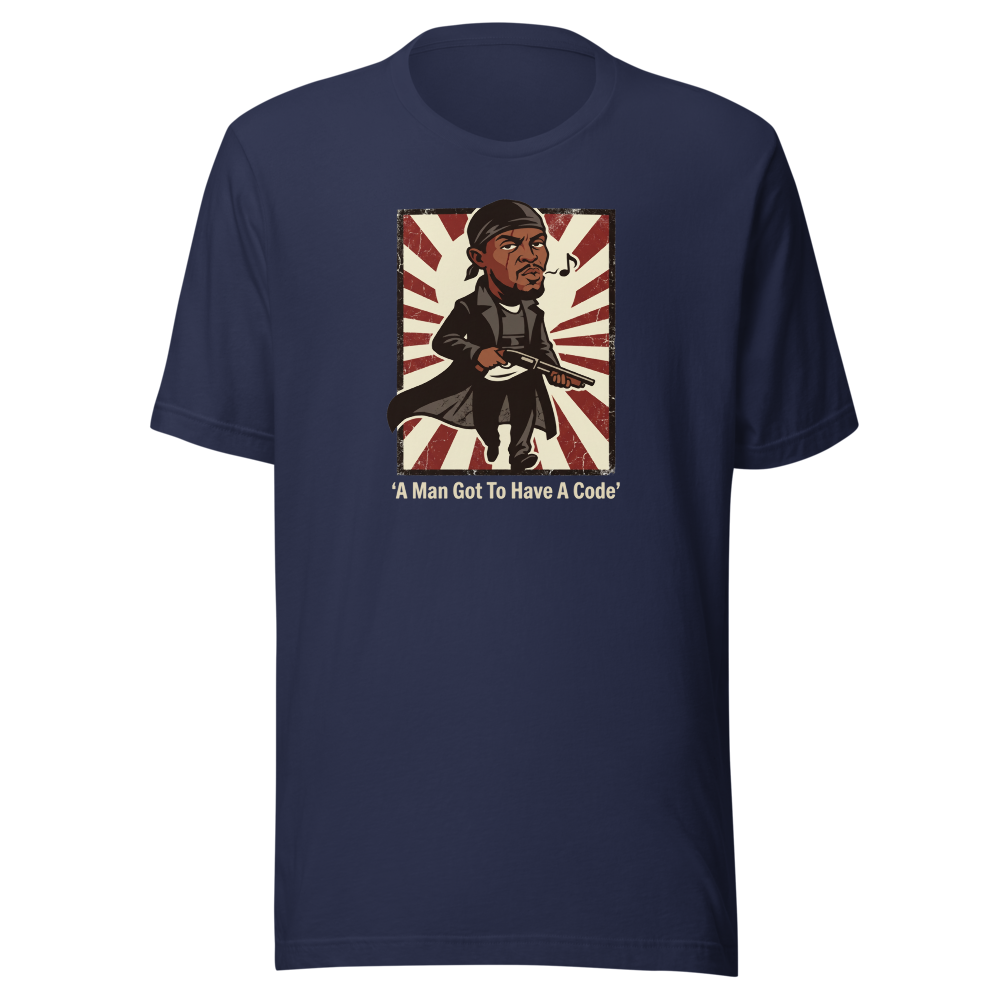Whistling Stick-Up Man Code Propaganda Tee — navy front view