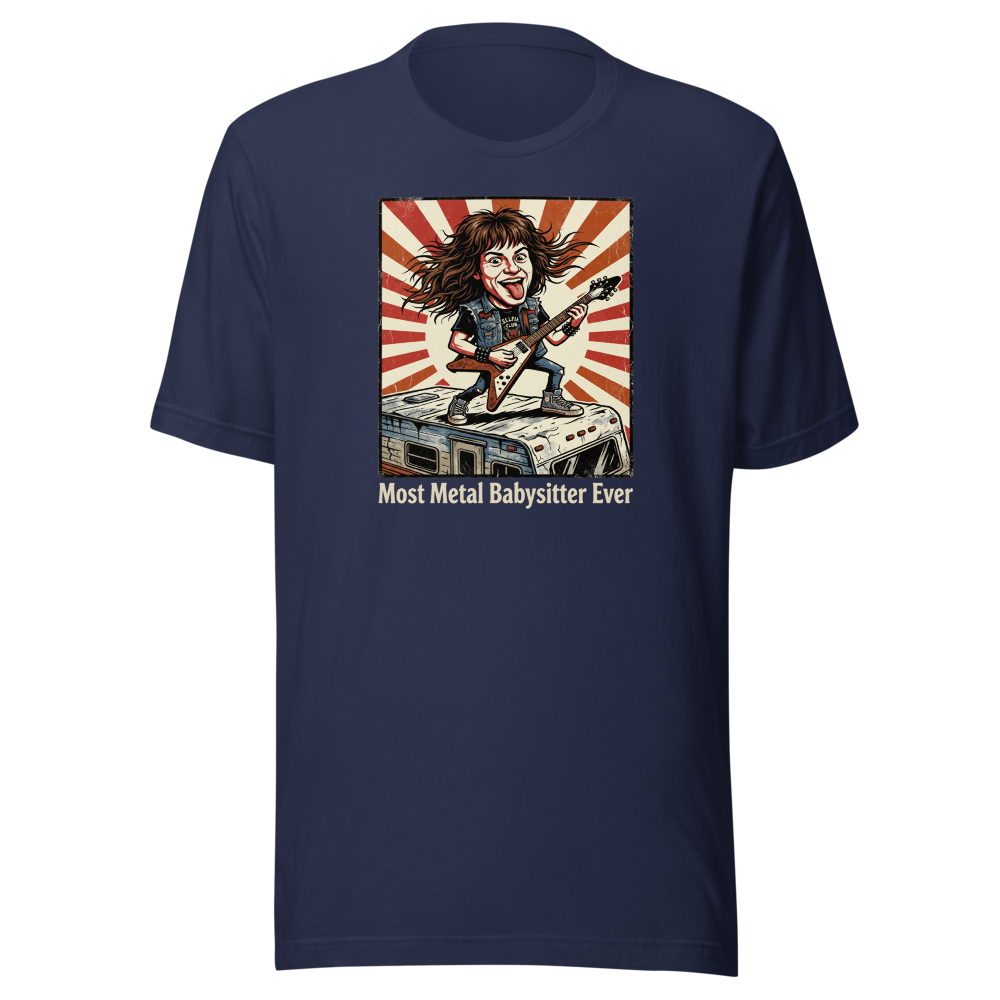 Most Metal Babysitter Ever Flying V Shredder Tee — navy front view