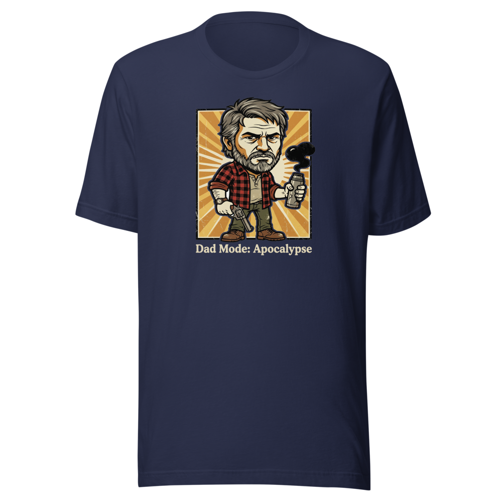 Dad Mode Apocalypse Grumpy Survival Dad Graphic Tee — navy front view