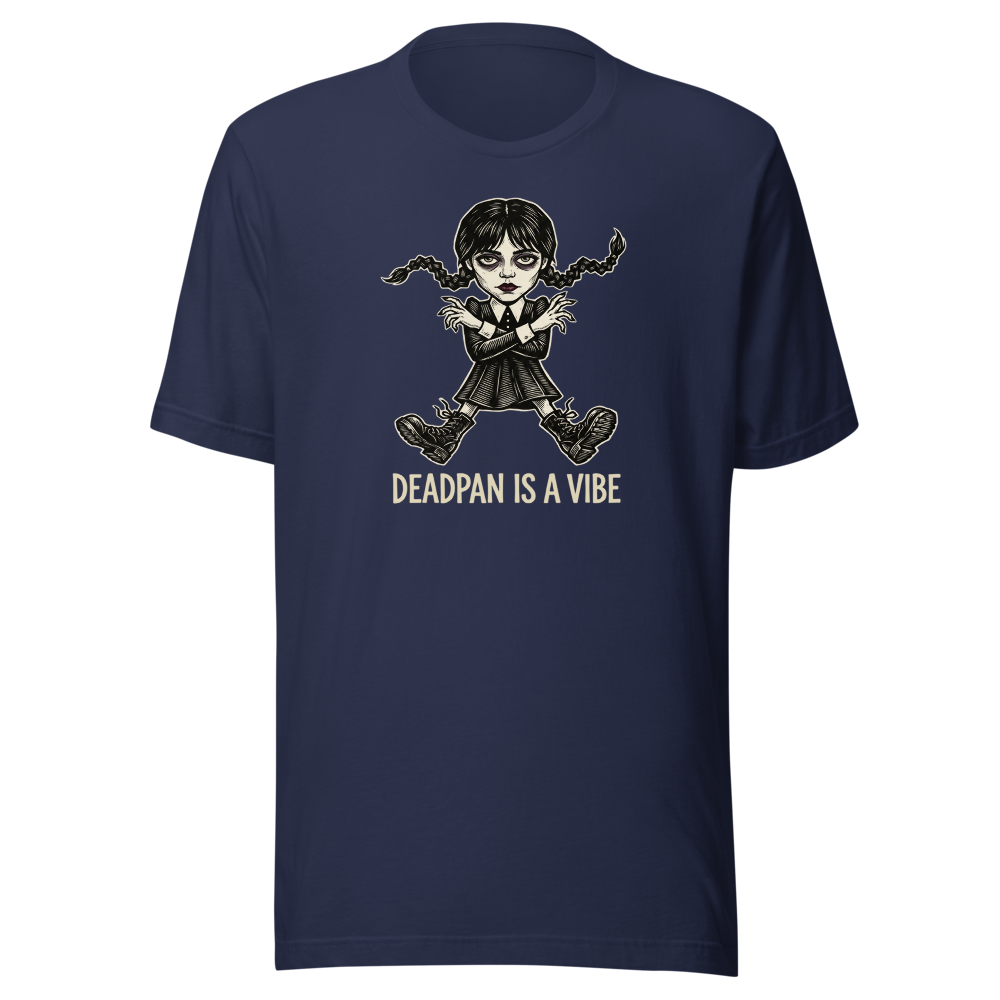 Deadpan Goth Dance Puppet Blackwork Linocut Tee — navy front view